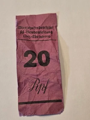 Tercer Reich Segunda Guerra Mundial Alemán LINZ EBELSBERG 20 Rpf Scrip SS Billete de Campamento Moneda Foto 1 de 3