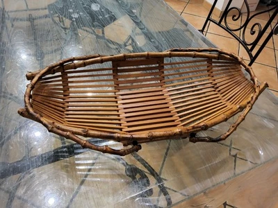 Ancienne Corbeille A Fruit Bois,bambou ,rotin Avec Anse  Fait Main Vintage  - Photo 1/4