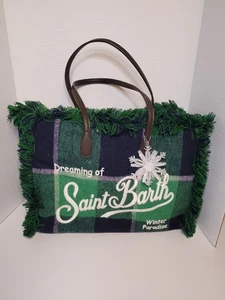Bolso de Mano MC2 Saint Barth Lana Terciopelo Borde Cuero Asa Azul Verde A Cuadros - Imagen 1 de 8