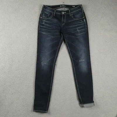 Jeans plateados Boyfriend Jeans para mujer 27x29 lavado oscuro fluido denim elástico ajustado Foto 1 de 4