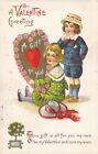 Antique Valentine card boy in nickers giving big card girl  made U.S.A.      1A