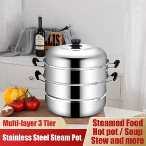 3 Tier Stainless Steel Steam Stew Pot Steamer Stack Cooking Vegetable Rice Soup - Picture 1 of 8