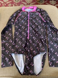 Sol Swim Big Girl's 10/12 Long Sleeve Rash Guard Swimsuit 1 Pc Palm Tree (CM) - Picture 1 of 6