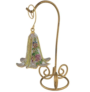 Vintage 3" Cloisonne' Enamel Hanging White Bell Floral Flower With Stand - Picture 1 of 17