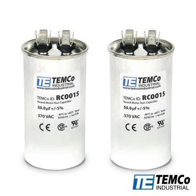 TEMCo 50 uf/MFD 370 VAC volts Round Run Capacitor 50/60 Hz -Lot-2