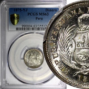 PERU Silver 1875 YJ 1 Dinero PCGS MS63 NICE COIN KM# 190 (992) - Picture 1 of 6