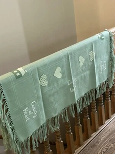 Cross Stitch Tablecloth Or Blanket w Fringe Sage Green 46x35 Rectangle Cottage - Picture 1 of 7