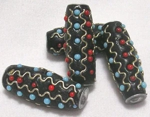 4 PIECES FANCY GLASS METAL RESIN BEADS RICE SHAPE LARGE 11mm x 28mm AWESOME - Picture 1 of 3