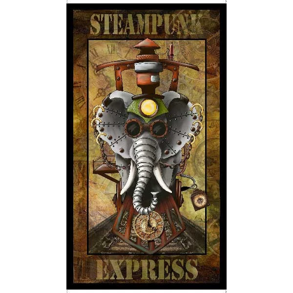 Locomotora Steampunk Express Tela Elefante Motor Algodón QT 24" Panel Foto 1 de 1