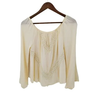 Rue21 Womens Crochet Boho Peasant Top Blouse XS Ivory Long Sleeve Wide Sleeve - Picture 1 of 8