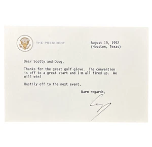 Tarjeta de nota del presidente autografiada de George H. W. Bush a Doug Sanders 19/08/1992 PSA - Imagen 1 de 2