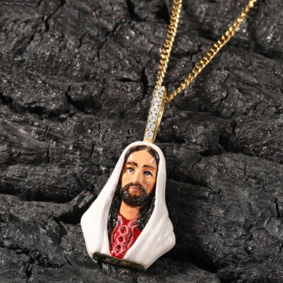 3AAA+ CZ Ice Out Enamel Jesus Pendant Chain 24k Real Gold Plated Hop Hip - Image 1 of 4