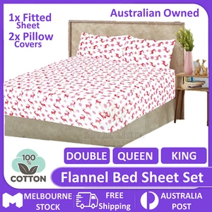 3pcs Cotton Flannel Flannelette Bed Sheet Set Fitted Sheet Double Queen King AU - Picture 1 of 12
