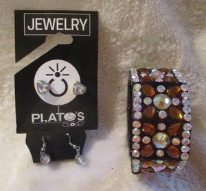 Bracelet~Amber Acrylic~White & Amber Rhinestones~1.25" Wide~2 Sets Earrings - Picture 1 of 13