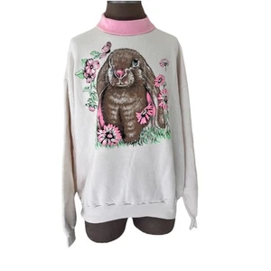 Vintage JERZEES Sweatshirt Adult XL Bunny Cottagecore Crewneck Made In USA - Picture 1 of 6