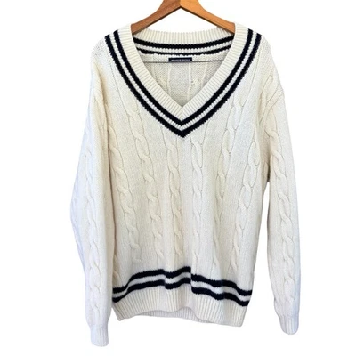 Brandy Melville Women's Ivory Navy Chunky Wool Cable Knit Sweater Varsity OS - Image 1 of 4