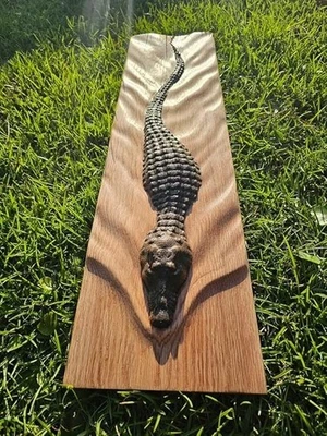 Alligator swimming Wall Hanging 3D Wooden Art - Engraved Wood Carving - Rustic - Image 1 of 4