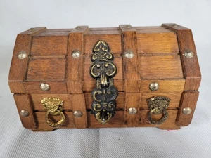 Wooden Treasure Chest Box Vintage Jewellery Storage Bright Red Interior Rare - Picture 1 of 14