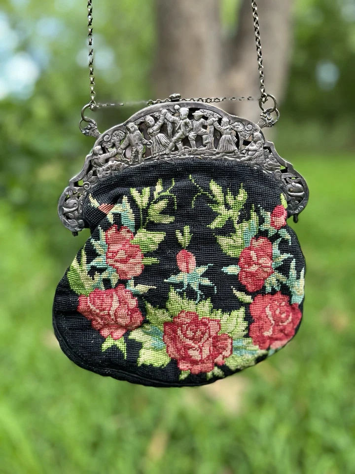 Cartera de noche Chatelaine 1920 de colección marco plateado y pequeño punto Art-deco Foto 1 de 4