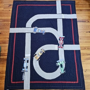 POTTERY BARN Kids Race Car Vintage Twin Size Quilt With 2 Matching Shams 86x68 - Picture 1 of 11