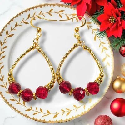 Pendientes navideños de cristal rojo lágrima aro dorado joyería de Navidad regalo Foto 1 de 4