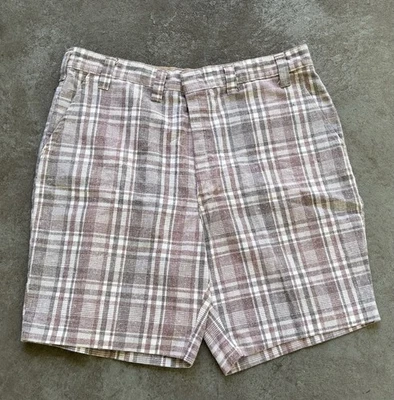 Vintage 60s 70s Men’s Gray Mauve Plaid Check Knit Shorts 35x9 Scovill Zipper - Image 1 of 4