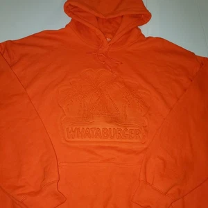 🍔 Whataburger orangefarbener Hoodie großes 3D-Emblem geprägtes Logo Herren Damen 24 Zoll breit - Bild 1 von 14