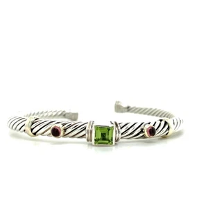 David Yurman 14k Two Tone Peridot & Pink Tourmaline Twisted Cable Cuff Bangle - Picture 1 of 14