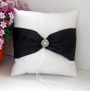 White Wedding Ring Bearer Pillow Black Ribbon bow & diamante ring centre stud