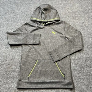 PUMA Youth 18-20 Fleece Pullover Hoodie Dark Gray with Green - Picture 1 of 16