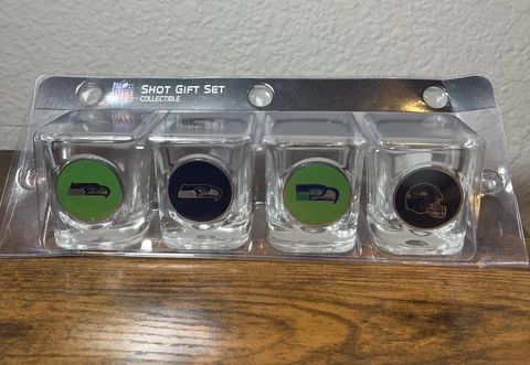 Seattle Seahawks NFL 2 oz Shot Glasses Metal Emblem 4 Pack Gift Set New USA Made Cover