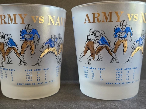 Army vs Navy Football Vintage 1890 1961 Frosted Double Rocks 2 Glasses PRR Train Cover