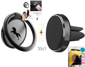 Magnetic Phone Ring Holder Car Air Vent Mount 360° Finger Unicorn Metal Black UK - Picture 1 of 16