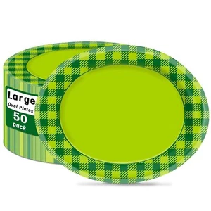 Oval Plates 12 X 10 Inch Green Party Plates gingham Party Decorations Heavy Duty - Picture 1 of 8