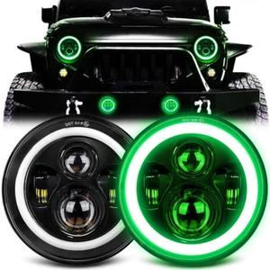 Pair Green Halo 7inch LED Headlights Hi/Lo DRL For Wrangler 2007-2018 JK TJ LJ - Foto 1 di 9