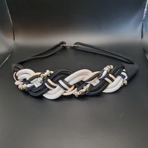 Retro 80's Women's Belt Cumberbund Black Fabric Rope Twisted W/Silver Beads - Picture 1 of 9