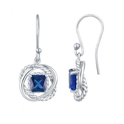 6 mm Lab Created Princess Cut Sapphire Dangle Earrings 14k White Gold Plated 925 - Image 1 of 4