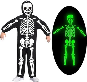 Kinder Skelett Overall, Plüsch Reißverschluss leuchtend Kapuze Skelett Halloween Kostüm - Bild 1 von 5