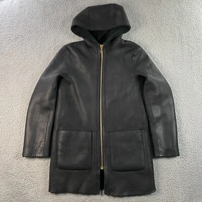 Abrigo de cuero de oveja Sandro EE. UU. talla 4 reversible chaqueta con capucha negro verde usado en excelente estado Foto 1 de 4