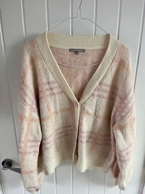 Oliver Bonas Cream Cardigan with pink and apricot check - Image 1 of 2
