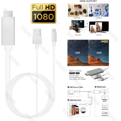HDMI Mirroring AV Cable Phone to TV HDTV Adapter For iPhone 14 13 12 11 XR iPad - Image 1 of 4