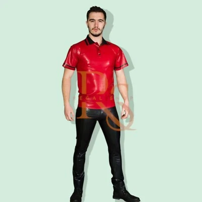 2-Piece Men’s Red Leather Polo Shirt & Black Pants Set Real Lambskin Slim Outfit - Image 1 of 3