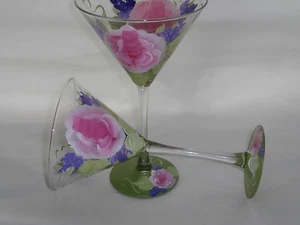 HAND PAINTED PINK ROSES WITH FLORAL ACCENTS 10 OUNCE MARTINI GLASSES / SET OF 4 - Picture 1 of 3