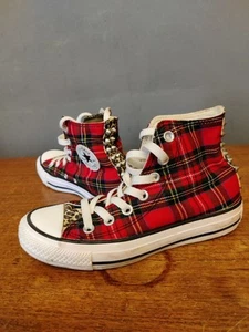 Converse Hi Tops Trainers UK 3 Tartan Spikes Rockabilly Punk Studs Emo Red - Picture 1 of 13