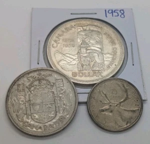 Set Of 3 Canada 1958 Silver Coins 25c 50c & 1$ Coins Circulated - Picture 1 of 2
