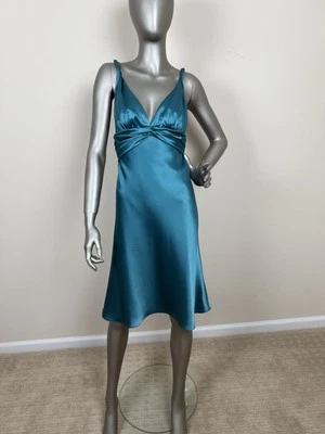 ABS Allen Swartz Turquoise Satin V Neck Twist Strap Cocktail Dress Knee Length 4 - Image 1 of 4