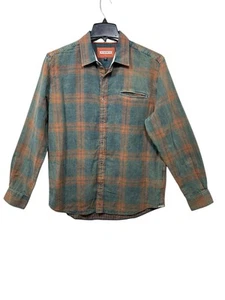 32 Bar Blues Shirt Mens Large Green Plaid Distressed Long Sleeve Button Flannel - Picture 1 of 13