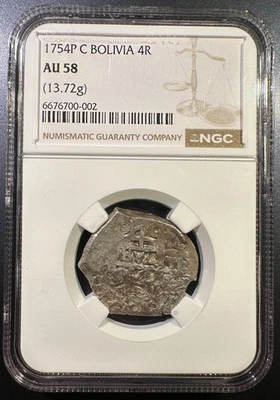 1754 Potosi Bolivia 4 Reales Cob Silver NGC AU-58 Almost Uncirculated Type Coin - Image 1 of 3
