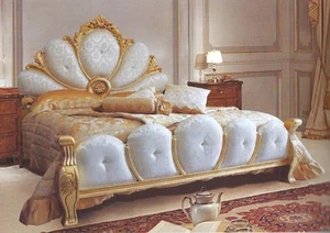BAROQUE WOODEN GOLD LEAF FABRIC DOUBLE BED WITH CRYSTALS - Picture 1 of 1