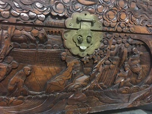 Antique Chinese Carved Hardwood Chest with Figures & Dragons in Relief - Picture 1 of 16